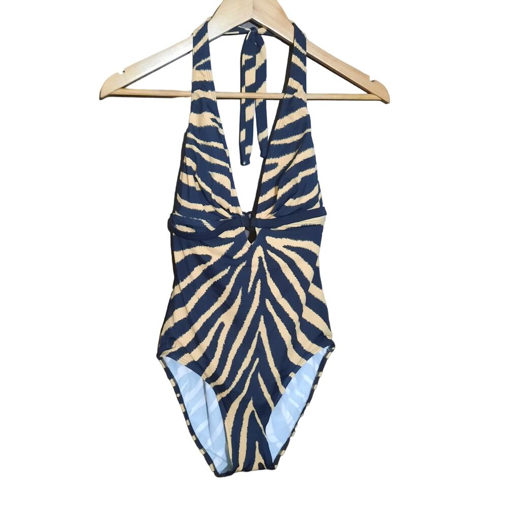Roxanne Womens Tiger Print Halter Style One Piece Swimsuit Size 10 34D